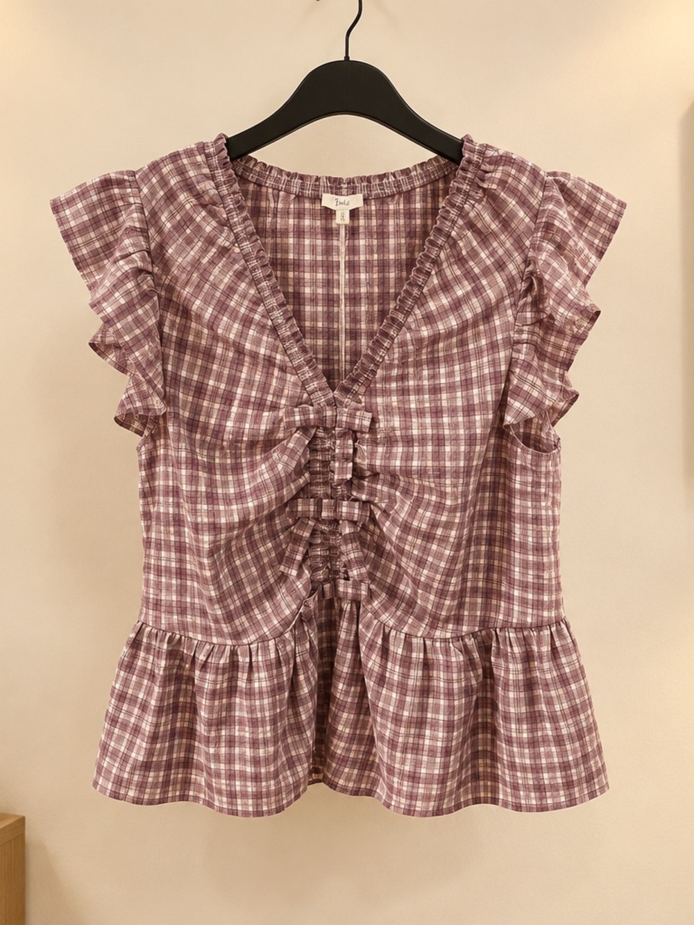 Ruffled Lavender Plaid Peplum Blouse with Front Tie